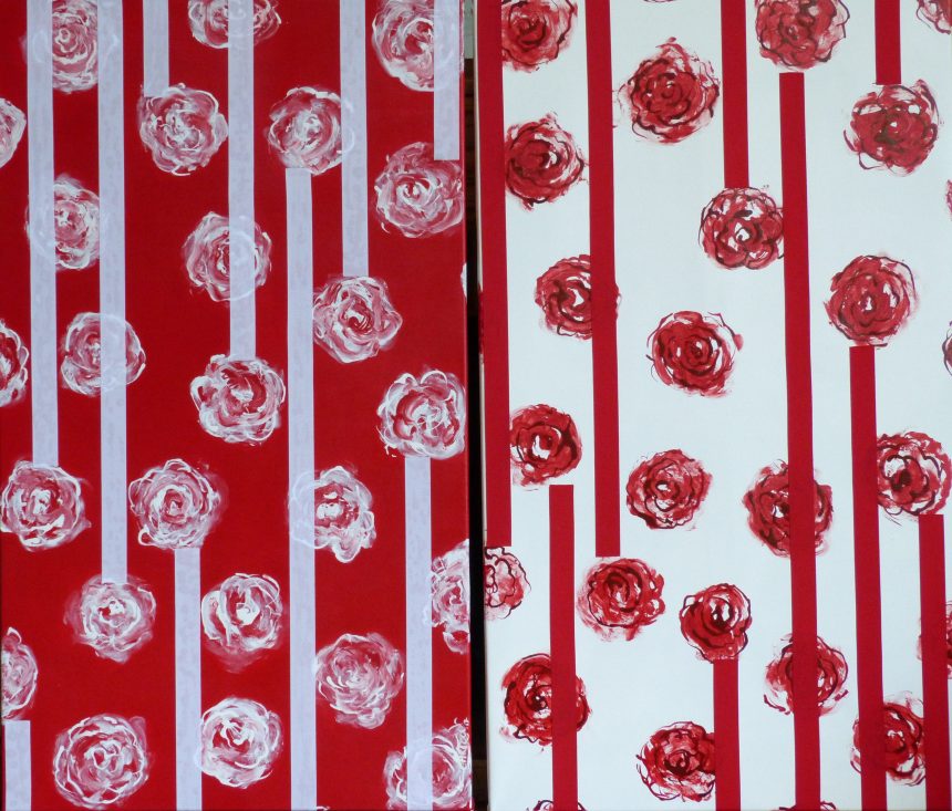 Hommage à "Blooming" la Floraison de Cy Twombly, 2017, acrylique sur toile avec galon collé, 130 X 75 cm ©all rights reserved.