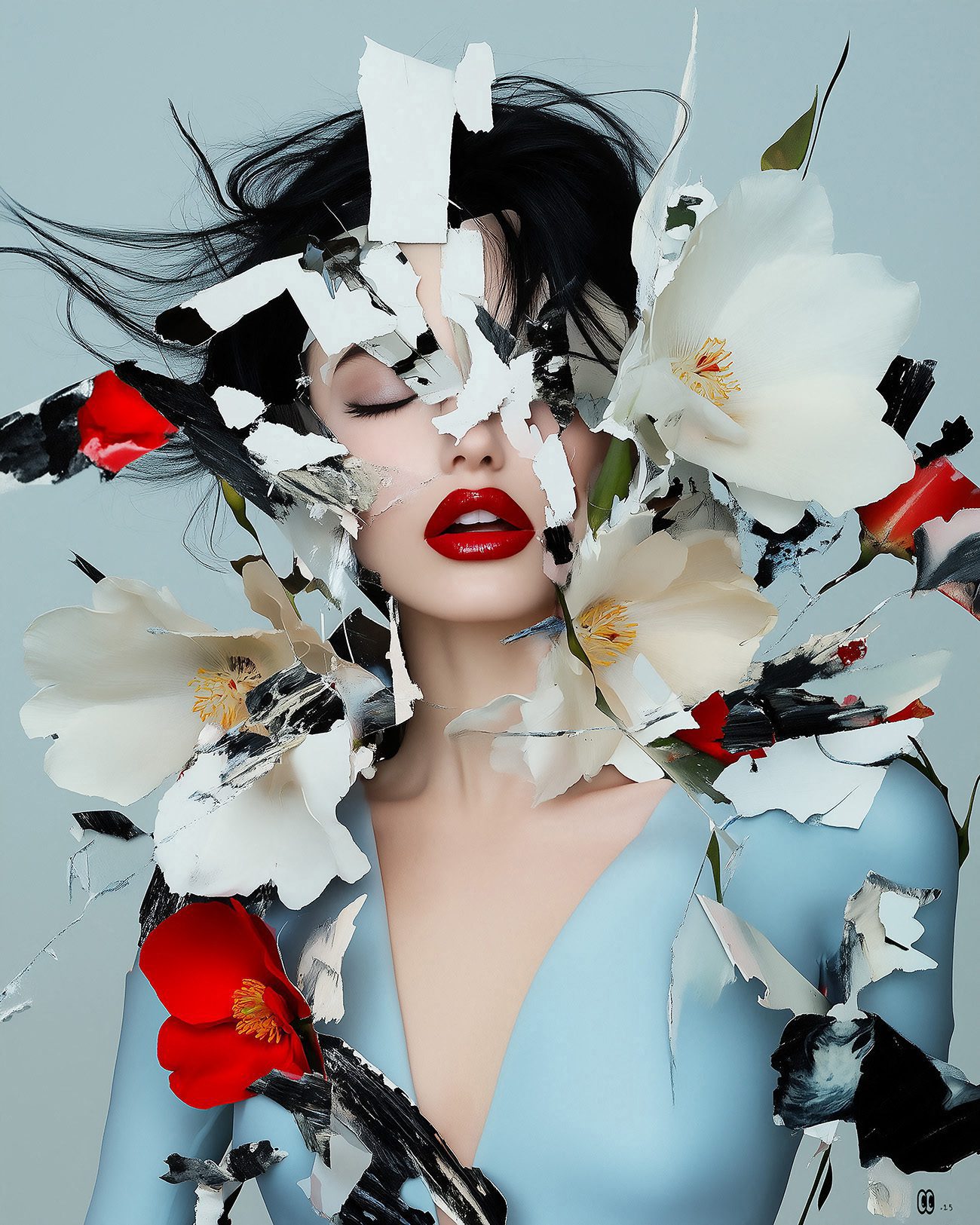 Visage féminin dans un collage floral numérique – série Silences Déchirés