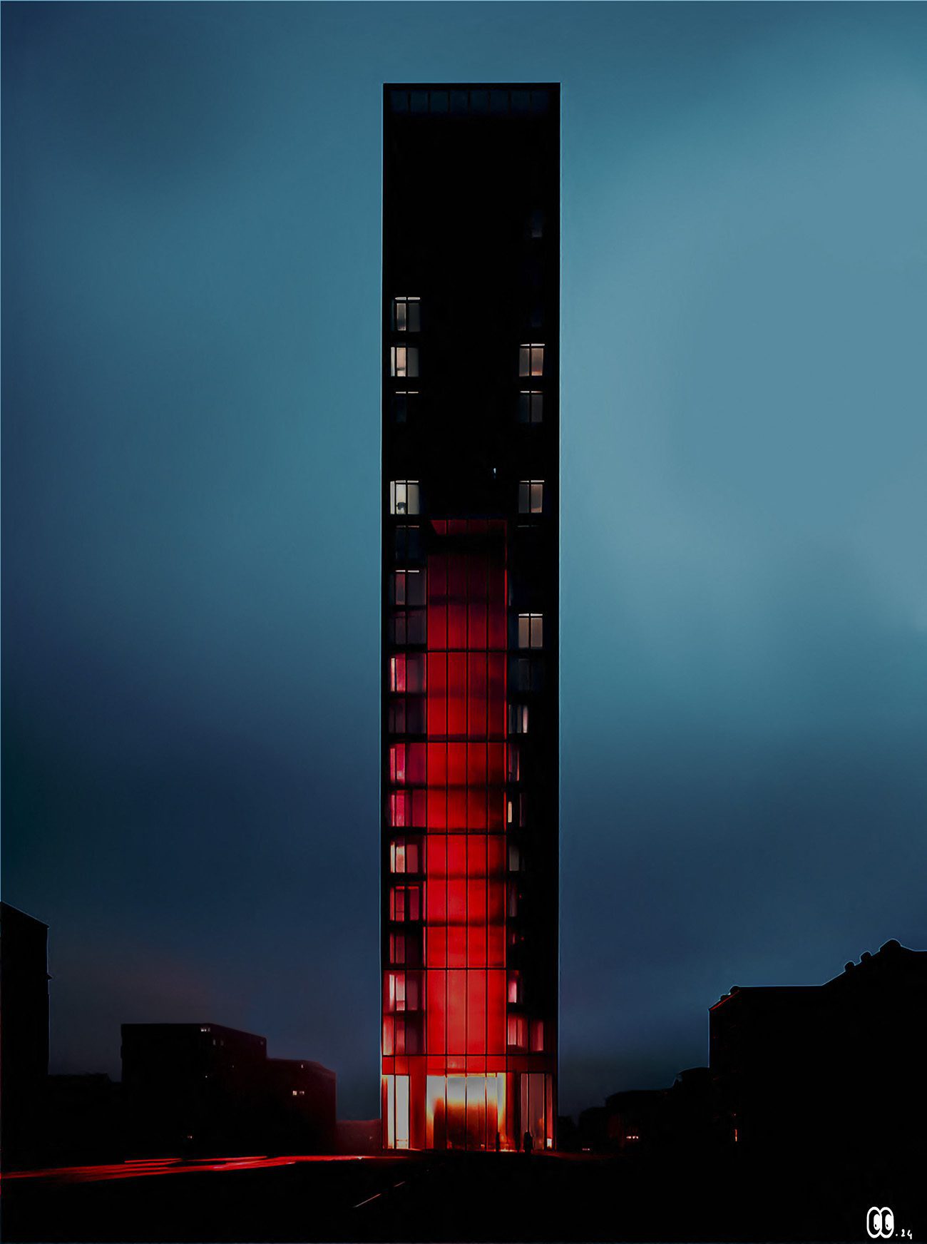 Tour solitaire éclairée de rouge, verticalité architecturale et sensation de confinement. Solitary red-lit tower, architectural verticality and a sense of confinement.