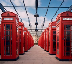 Cabines téléphoniques rouges posées dans un lieu industriel en ruine. Red telephone boxes placed in a ruined industrial area.