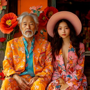 Portrait d’un homme âgé et d’une jeune femme vêtus de costumes floraux orange et rose, posant devant un décor aux grandes fleurs rouges. Portrait of an elderly man and a young woman wearing orange and pink floral outfits, posed in front of large red flowers. © LAURIE CARTOON