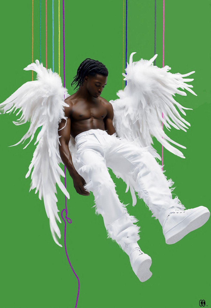 Portrait numérique d’un ange masculin aux ailes blanches, suspendu par des cordes colorées sur fond vert, série Céleste – African Angel par Laurie CARTOON.