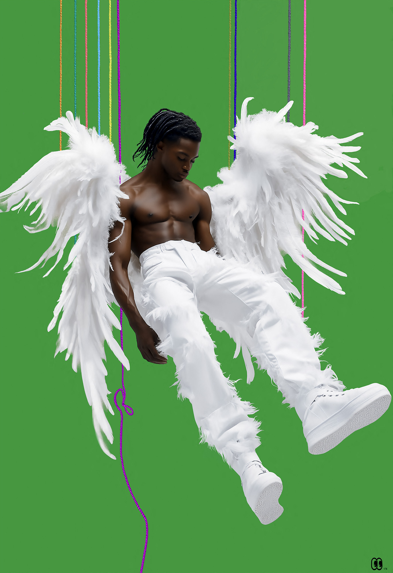 Portrait numérique d’un ange masculin aux ailes blanches, suspendu par des cordes colorées sur fond vert, série Céleste – African Angel par Laurie CARTOON.