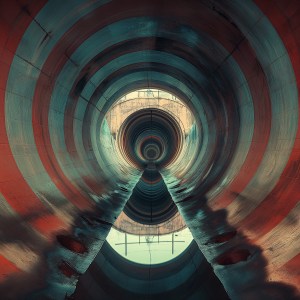 Tunnel architectural minimaliste avec perspective centrale, reflets d’eau et tonalités cyan et rouges dans une ambiance contemplative. Minimalist architectural tunnel with central perspective, water reflections and cyan-red tones in a contemplative atmosphere.