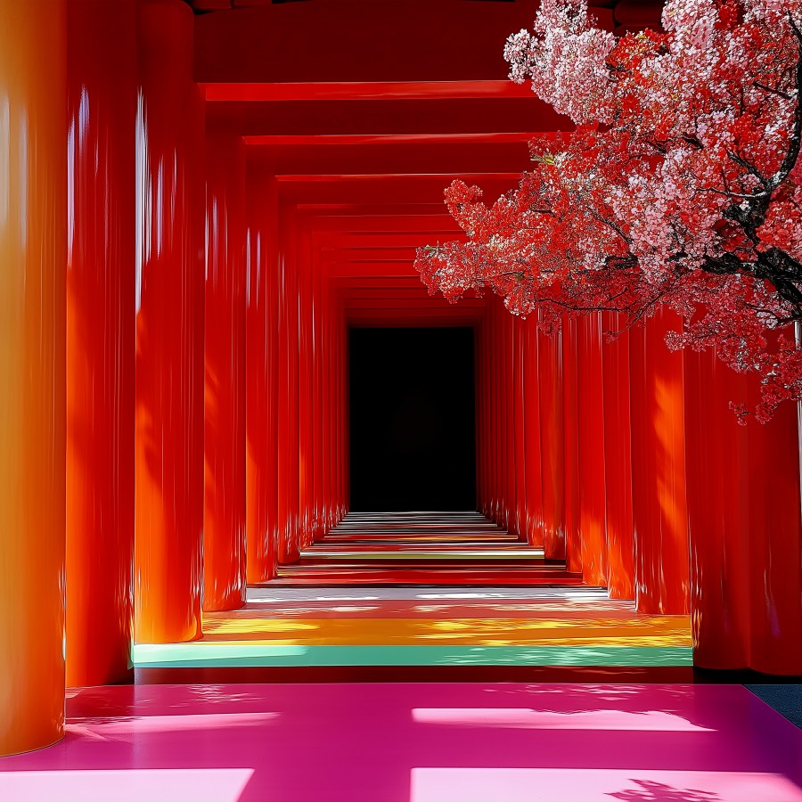 Architecture rouge immersive avec perspective centrale plongeant dans un espace noir. Immersive red architecture with central perspective leading into a dark space.