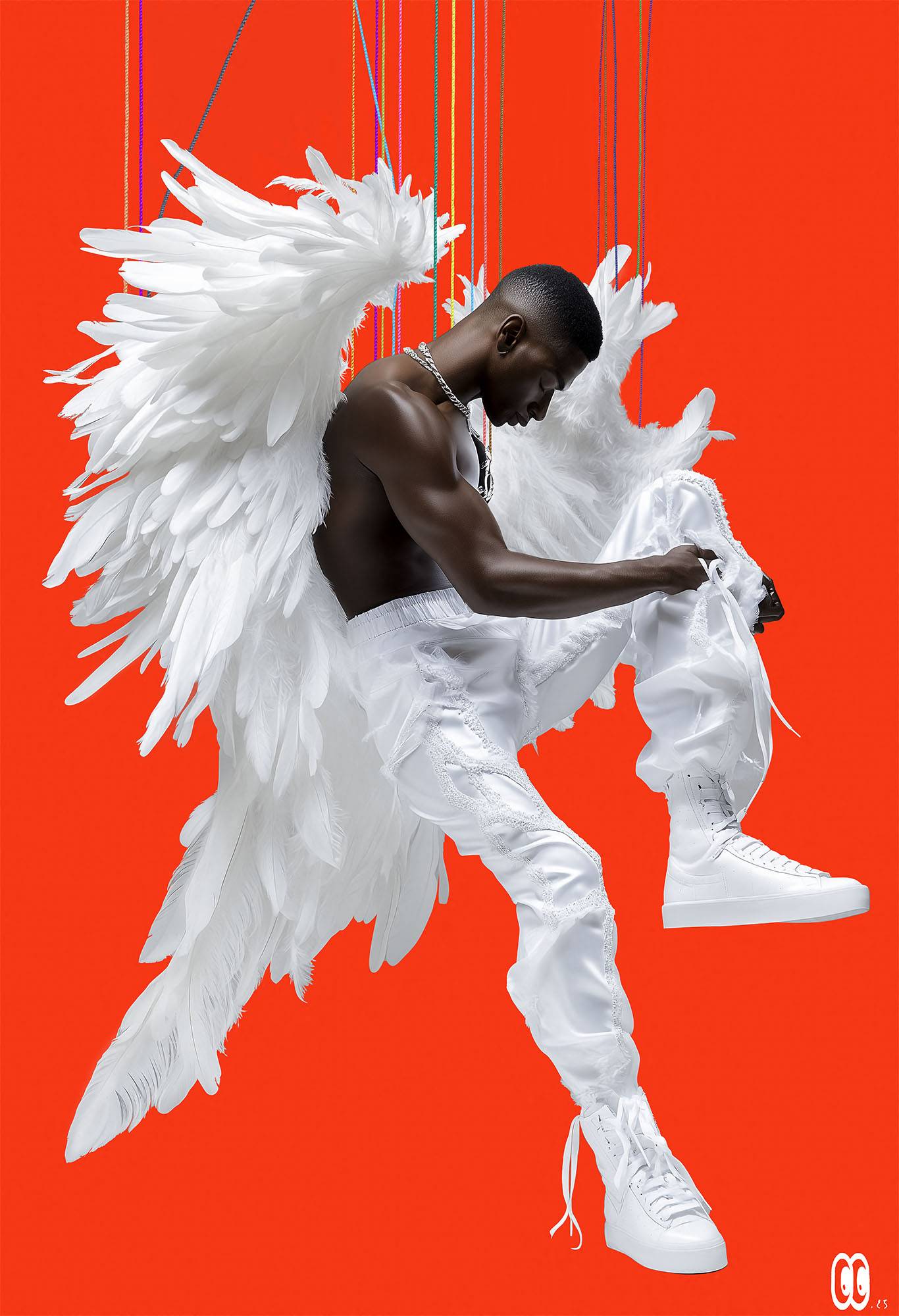 Portrait numérique d’un ange masculin aux ailes blanches, suspendu par des cordes colorées sur fond rouge vif, série Céleste – African Angel par Laurie CARTOON.