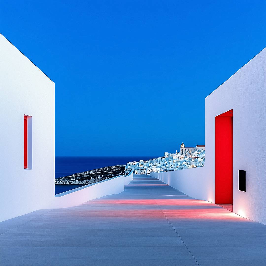 Façade blanche minimaliste avec porte rouge isolée sous un ciel bleu profond, architecture méditerranéenne contemporaine et silencieuse. Minimalist white façade with red door under a deep blue sky, contemporary Mediterranean architecture, silent and frontal composition.
