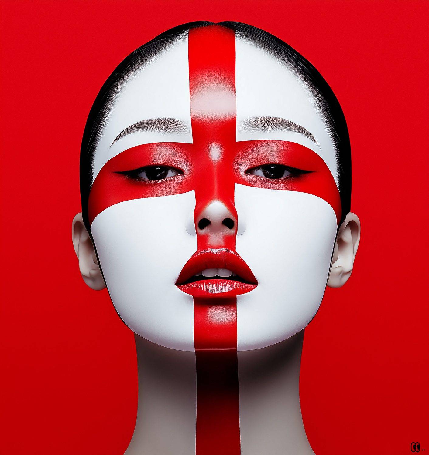 Portrait frontal de femme avec maquillage rouge croisé sur fond rouge – regard intense – série Silent Power Frontal portrait of a woman with cross-shaped red face paint on red background – intense gaze – Silent Power series. 19/06/2025