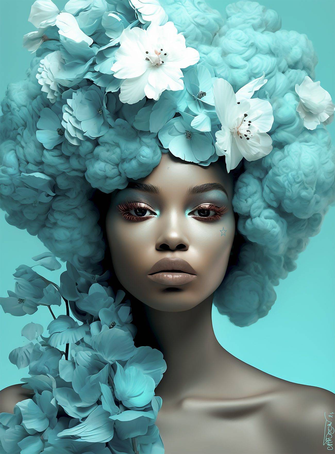 Portrait numérique bleu de Marie-Antoinette, femme noire ornée de fleurs turquoise. Blue digital portrait of Marie Antoinette, a Black woman adorned with turquoise flowers.