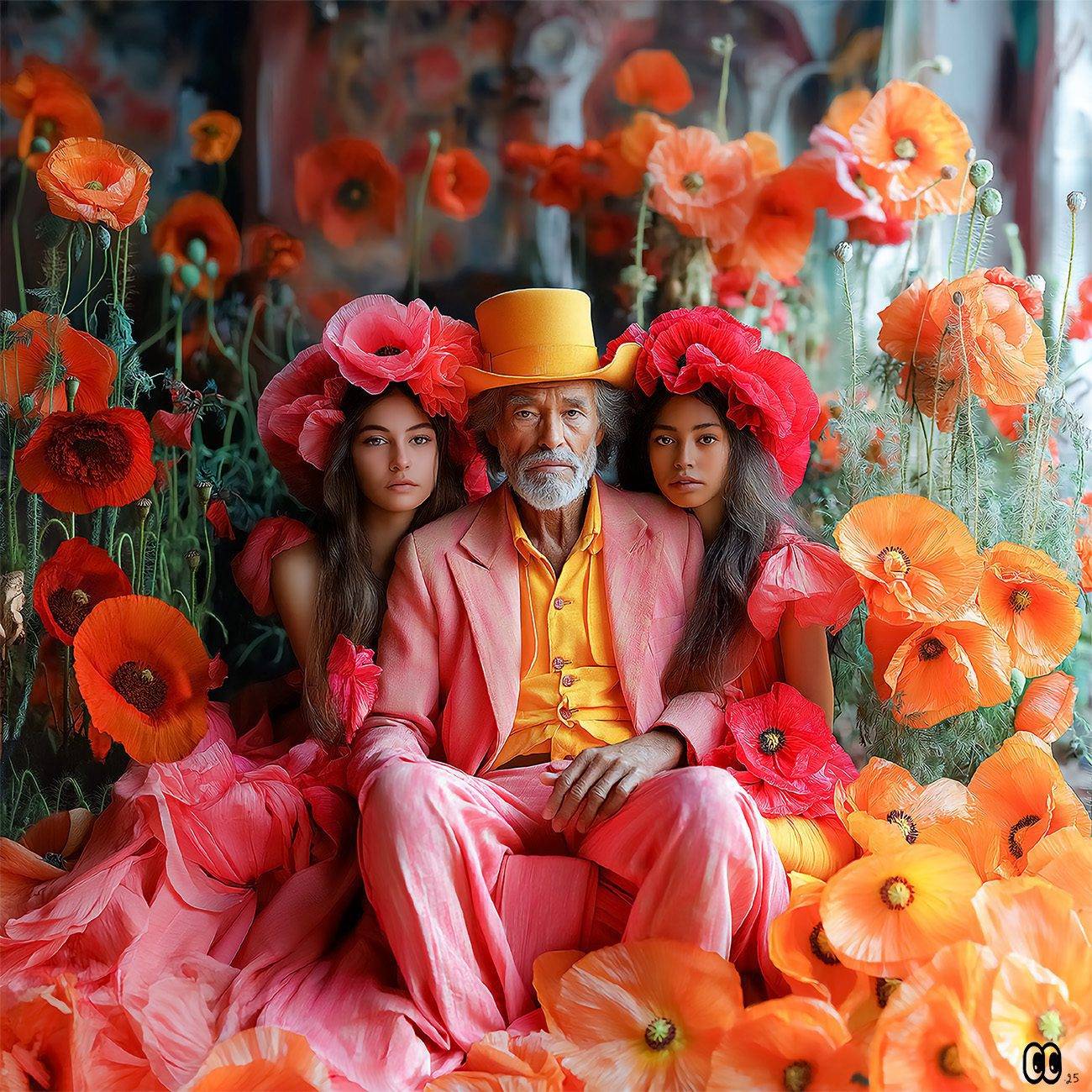 Un homme âgé en costume rose-orange entouré de deux jeunes filles dans un décor rempli de coquelicots vifs. An elderly man in a pink-orange suit surrounded by two young girls in a vivid poppy-filled setting.