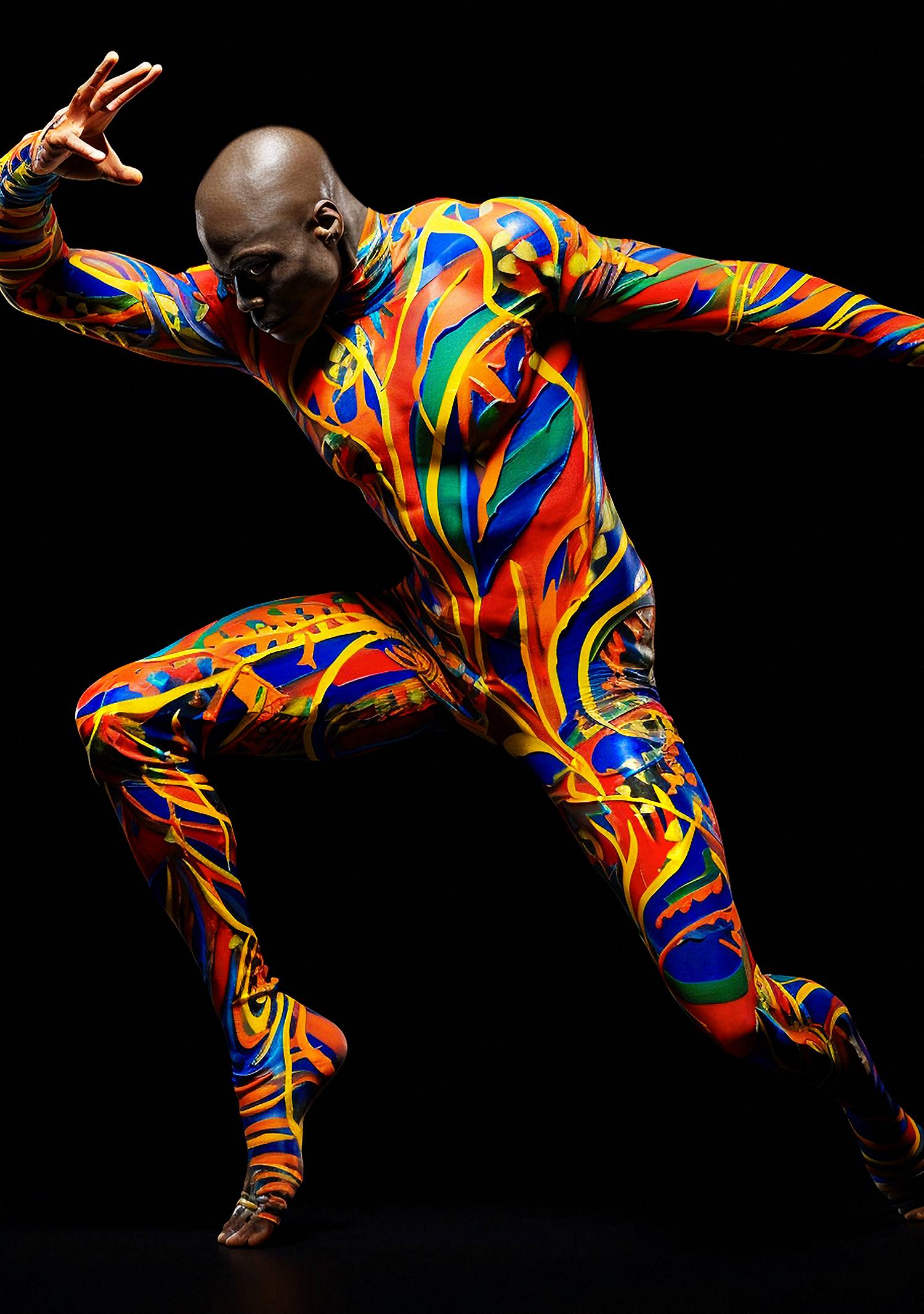 Danseur contemporain peint de couleurs vives en mouvement sur fond noir, œuvre d’art numérique expressive et dynamique. Contemporary dancer painted with vibrant colors in motion on a black background, expressive digital art artwork.