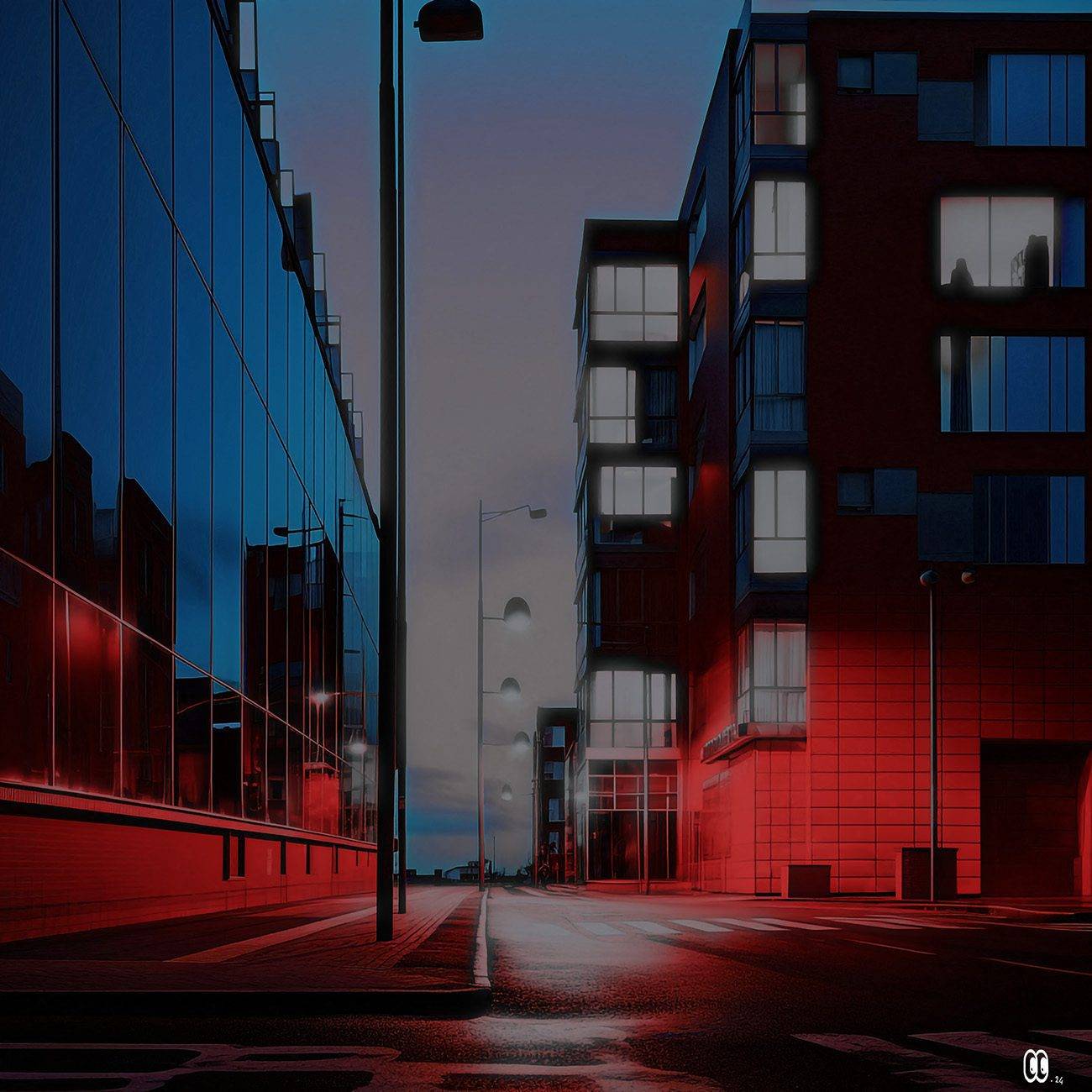 Rue vide encadrée d’immeubles contemporains aux façades rouges et bleues, évoquant la solitude urbaine et l’isolement moderne. Empty street framed by contemporary buildings with red and blue facades, evoking urban solitude and modern isolation.