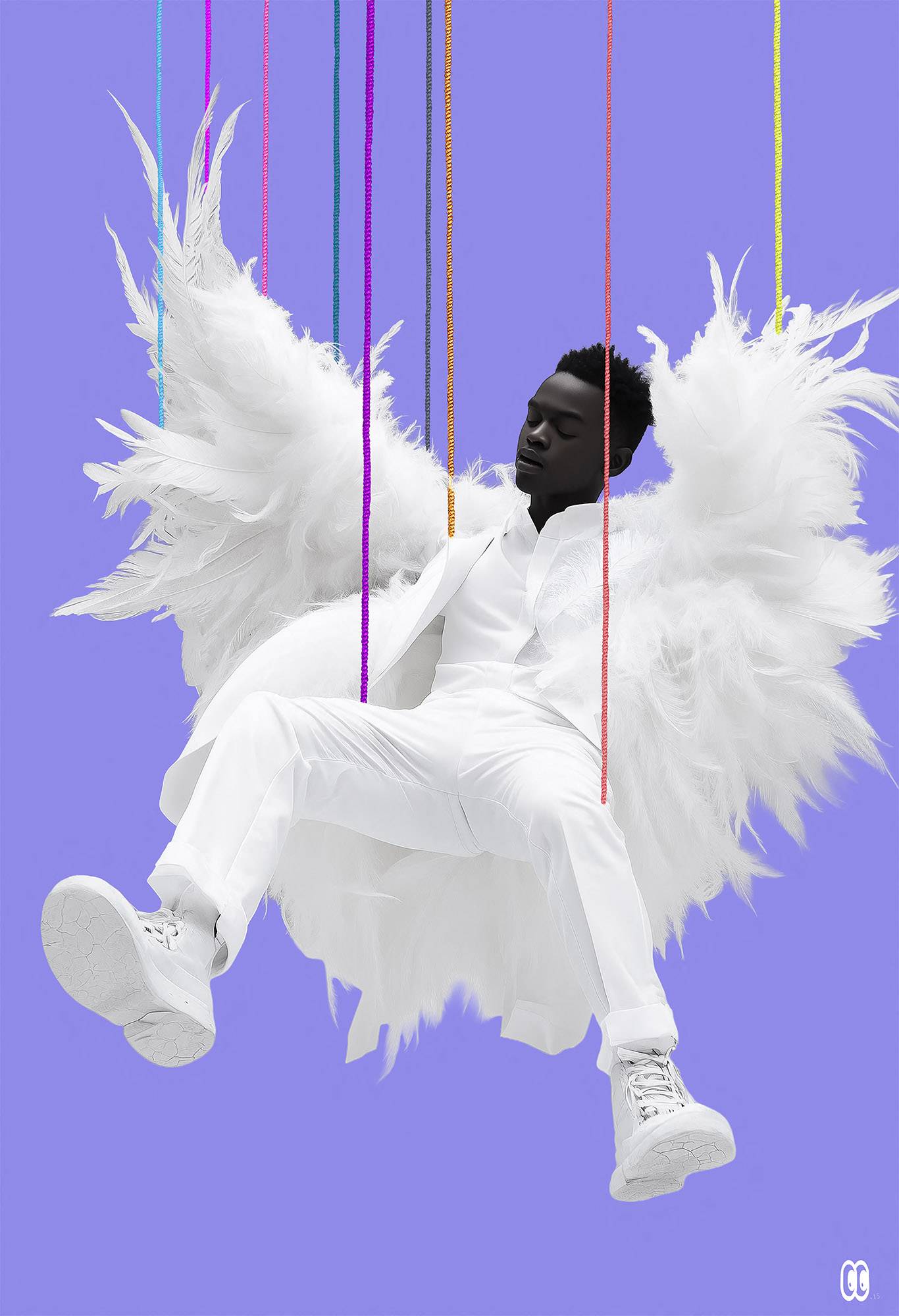 Portrait numérique d’un ange masculin aux ailes blanches, suspendu par des cordes colorées sur fond violet, série Céleste – African Angel par Laurie CARTOON.