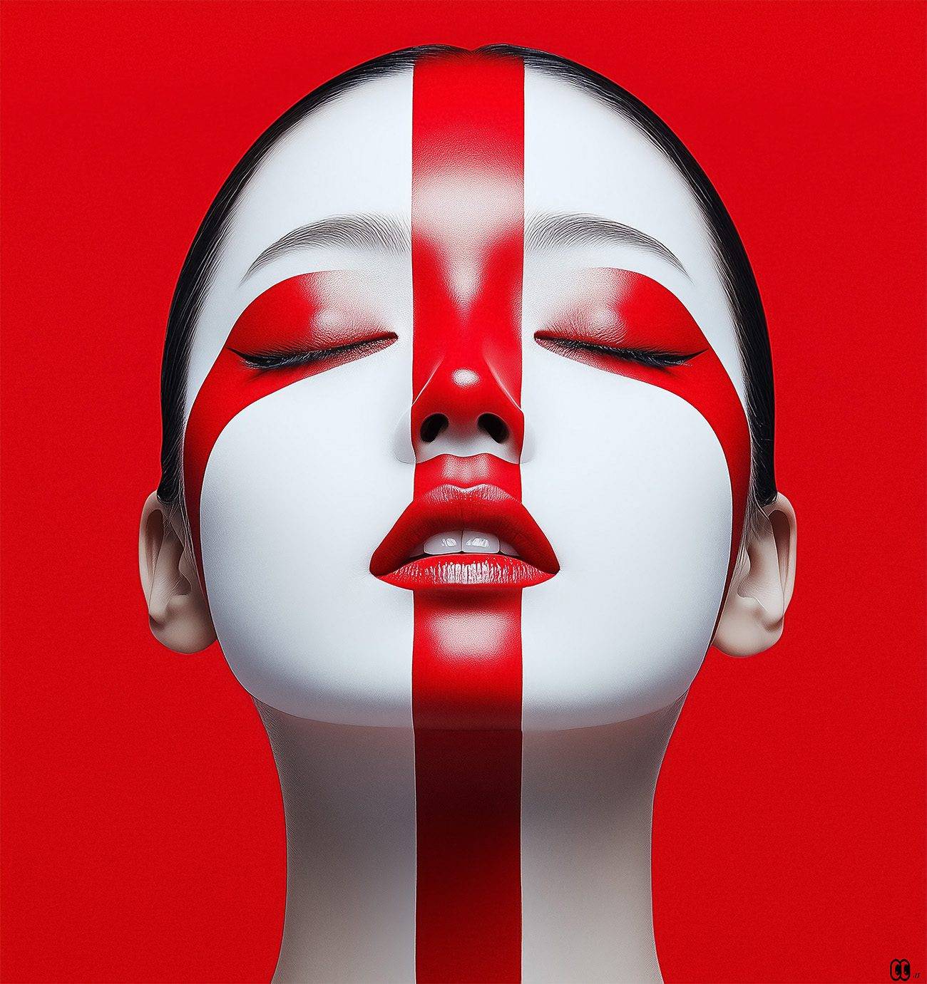 Portrait de femme avec peinture rouge verticale sur fond rouge, yeux clos – série Silent Power Portrait of a woman with vertical red face paint on red background, eyes closed – Silent Power series.19/06/2025