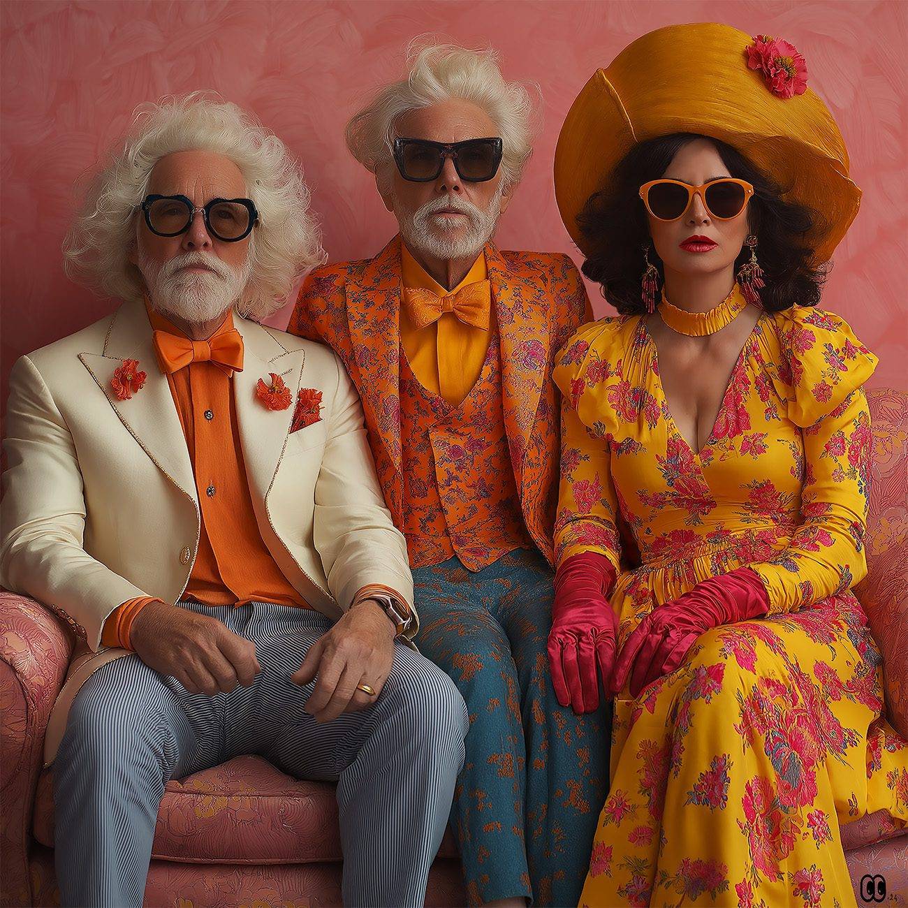 Trois personnes âgées élégantes en vêtements rétro fleuris, posant dans un intérieur vintage. Three elegant elderly individuals in retro floral clothing, posing in a vintage interior.